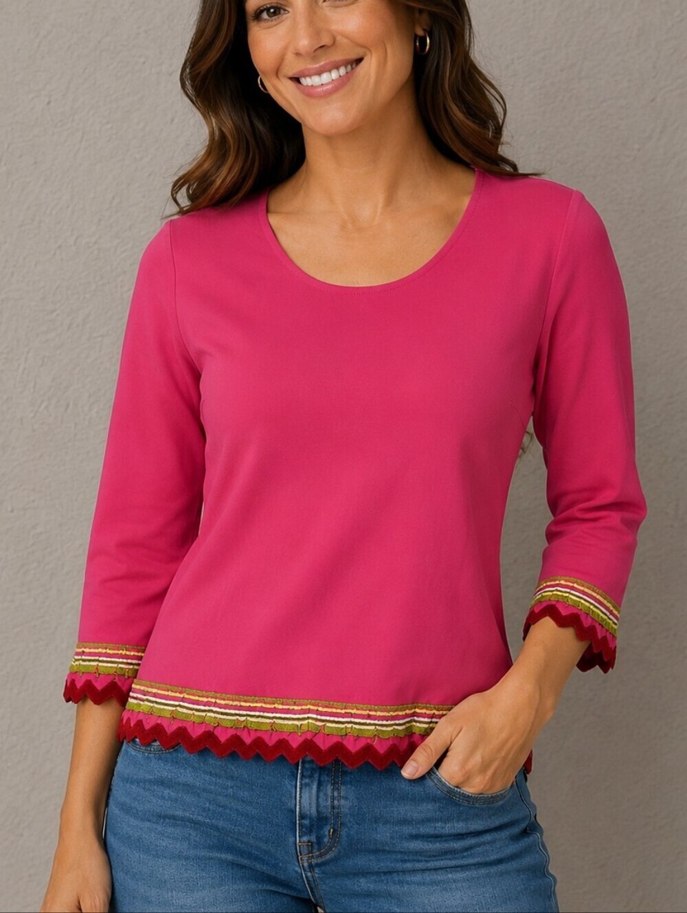 VTG JOSEPH A Candy Pink Crochet Scalloped Scoop Neck Sweater